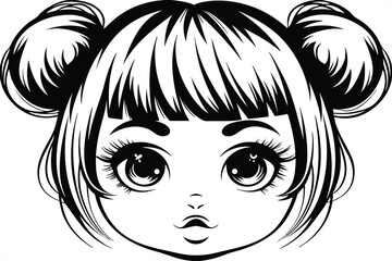 Monochromatic girl with anime eyes and two buns hairstyle exhibits stylish modern elegance