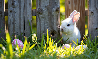 small white easter bunny rabbit peers tiny hole wooden fence soft natural