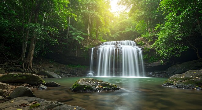 Tranquil waterfall flowing through lush green forest with sunlight