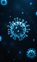 solitary glowing virus floats darkness surrounded faint eerie shadows soft blue light emission