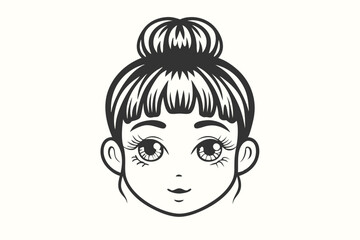 Monochrome face shows an Asian woman with styled bun and manga style eyes