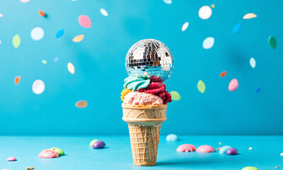 sparkling disco ball rests atop colorful ice cream cone vibrant bright blue backdrop minimal party