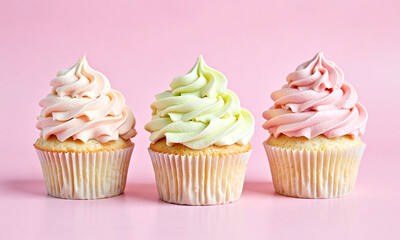 trio cupcakes sits neatly arranged soft pink gradient