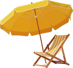 Bright Yellow Beach Umbrella and Deck Chair on White Background