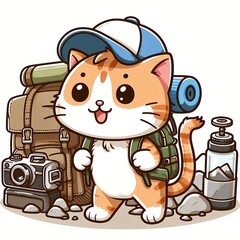 Cute cat hiking cartoon vector icon illustration