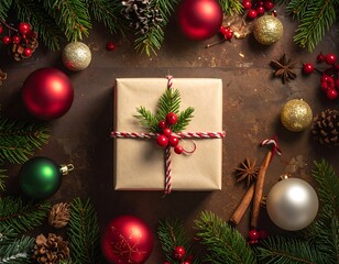 Overhead shot of festive holiday gift with adornments on a rustic surface