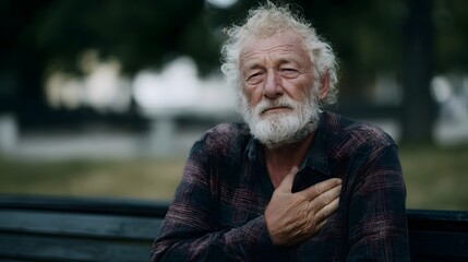 An elderly man with weathered features and a concerned expression places his hand over his chest while sitting on a park bench outdoors