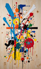 vibrant collage composed colorful pencil marks paint spills minimalist wooden surface soft natural