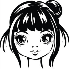 Monochrome illustration of a mangastyle girl with a hair bun and big, bright eyes