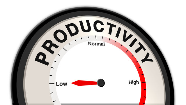 Productivity at low levels, shown on a barometer or tachometer, illustrating reduced output, limited efficiency, and underperformance, reflecting need for focus, improvement, and optimization