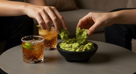 A bowl of guacamole sits on the coffee table, surrounded by drinks and hands sharing a cozy moment.