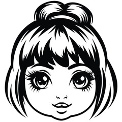 Monochrome girl with big eyes smiling has a topknot style hair