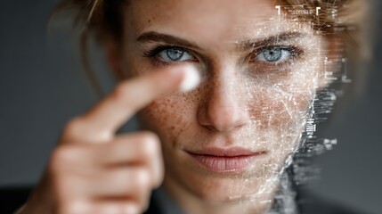 Woman's Face Analyzed by Digital Technology and Data