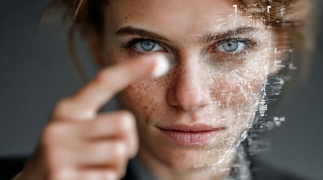 Woman's Face Analyzed by Digital Technology and Data - Powered by Adobe