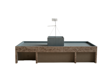 Modern brick building with rooftop antenna and garage doors, perfect for architectural designs, real estate projects, and urban concepts
