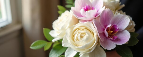 Obraz premium Luxurious ivory peonies & blush orchids wedding bouquet, macro, bouquet, detail