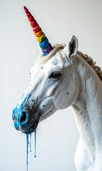 vibrant unicorn head drips colorful paint onto pristine backdrop soft natural