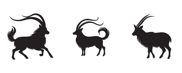 Set of three Saola silhouettes with long, straight horns and slender bodies, standing and walking in different poses. Vector illustration of the rare Asian mammal isolated on white background