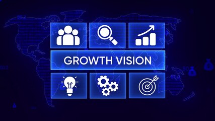 Global business growth vision concept with team icon magnifying glass chart icon lightbulb gears and target icons on digital world map background with binary code and money bag - Powered by Adobe