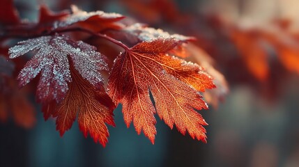 Autumn leaves in frost covered with ice sparkling in sunlight