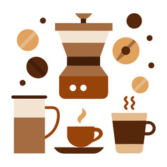 Vector art illustration of coffee brewing process coffee beans and drinks isolated on white background