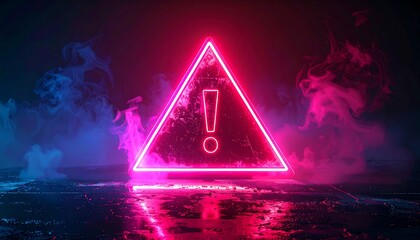 Neon-lit warning sign with exclamation point, smoke effects