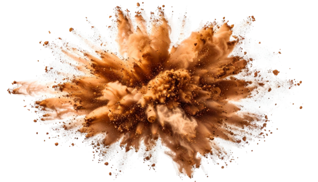 A symmetrical explosion of brown powder erupts against a transparent background
