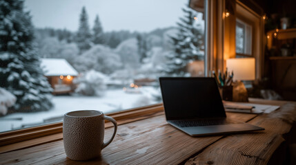 Laptop and coffee mug on wooden desk by snowy window, cozy winter home office interior with warm light, remote work and freelancer comfort concept for cold season productivity