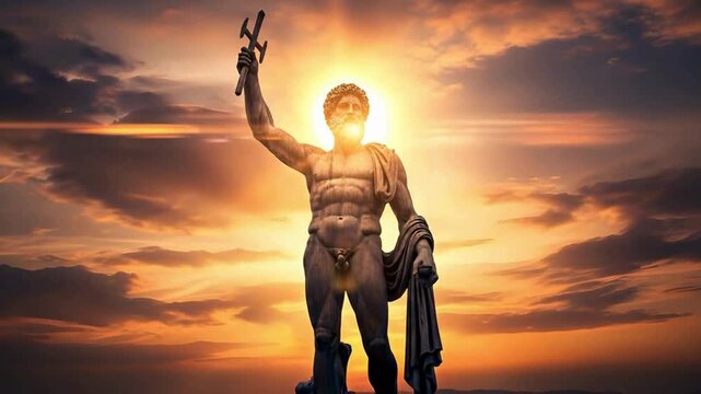 Ancient Greek god statue holding trident at sunset, majestic bronze sculpture of Poseidon or Neptune, heroic mythological figure against dramatic sky
