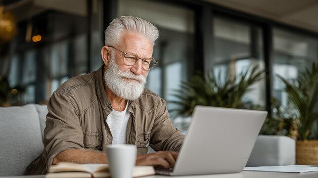 Smiling senior man working from home on laptop with coffee cup, relaxed freelance lifestyle and digital work concept, modern remote office setup with natural light and greenery