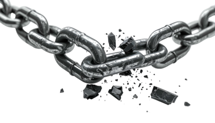 Close-up of a shattered metal chain link, implying freedom or breaking barriers