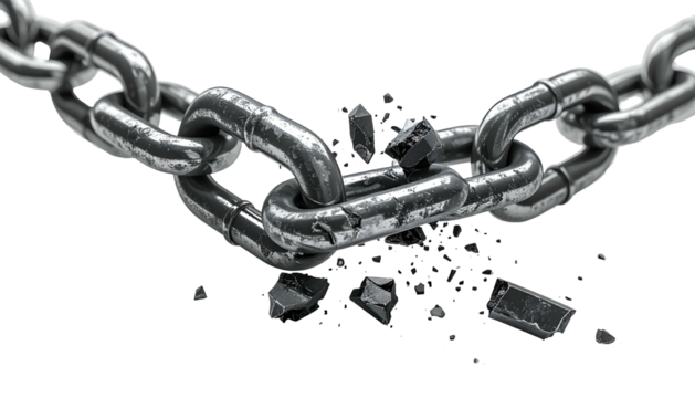 Close-up of a shattered metal chain link, implying freedom or breaking barriers
