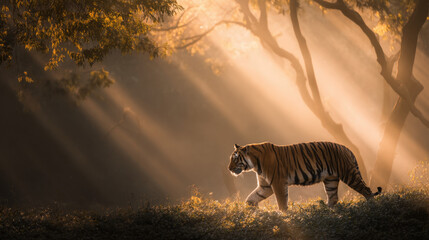 Tiger walking in sunlit forest
