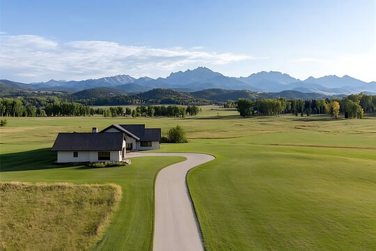 Idyllic countryside home in an open field with mountain views, perfect for a peaceful retreat, nestled within nature's grandeur. A path leads to serenity.