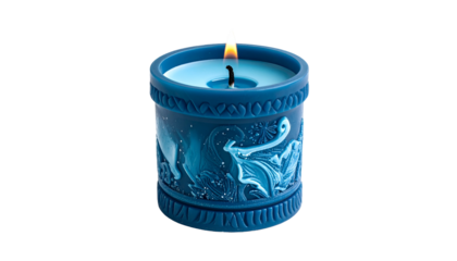 Cylinder candle with sculpted figures and patterns, blue wax, lit flame, on black