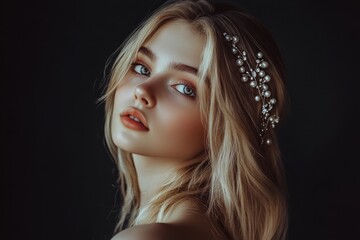 Young white woman with blonde hair adorned with pearls and floral hairpiece, deep gaze. Ambient soft lighting enhances tranquil expression and delicate features. Neural network AI generated