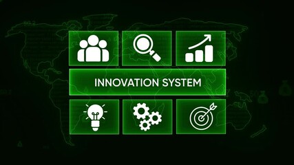 Innovation system concept with global map binary code and icons representing teamwork research growth idea gears and target achievement in green digital futuristic technology theme - Powered by Adobe