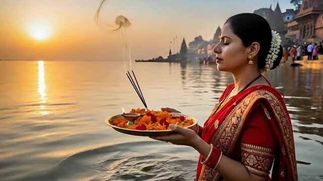 Woman performing Ganga Aarti ceremony with sunrise, offering prayers for blessings and spiritual connection on riverbank