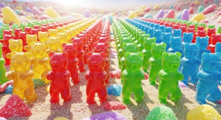 Colorful gummy bears standing in neat rows in a candy landscape perfect for sweet treat lovers