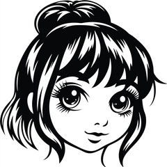 Monochrome manga girl with big eyes smiles gently, sporting a hair bun hairstyle