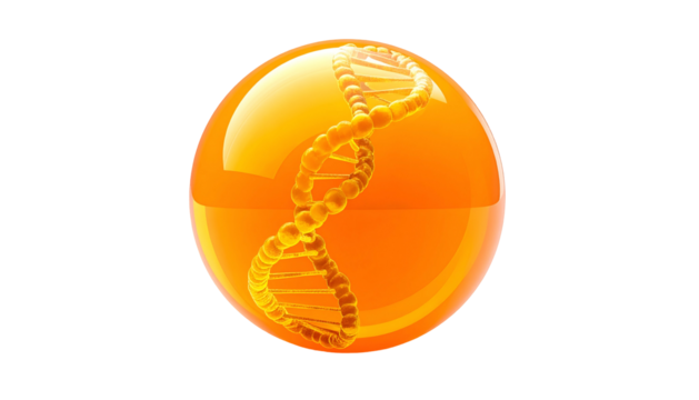 A glowing golden sphere displays a DNA double helix with dark backdrop