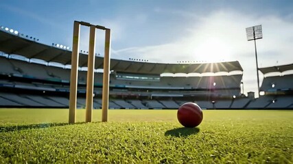 Dynamic cricket ball action at stadium, exciting match anticipation under sunny sky, thrilling sports moment, grassy field close up - Powered by Adobe