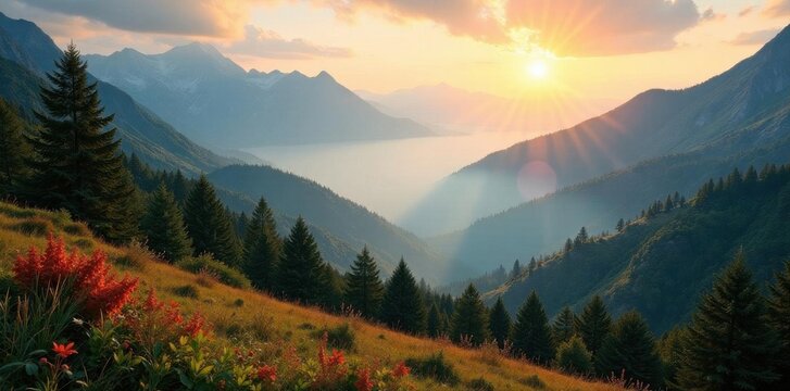 Sun-drenched peaks, misty valleys, vibrant foliage, scenery, wilderness