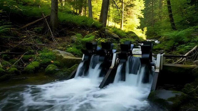 Dynamic watermill turning in a peaceful forest stream, generating energy in lush greenery with water motion