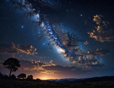 Night sky with a galaxy, clouds, and a silhouetted landscape