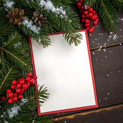 Blank christmas card surrounded by festive evergreen branches and berries