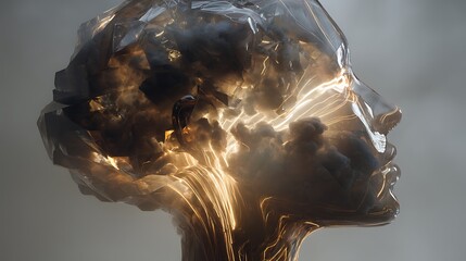 hyper-realistic fine art of transparent human head filled with glowing crystal structures, light beams radiating from within, symbol of mental clarity and insight, cinematic depth, 32K resolution, 