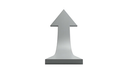 A simple, silver, upward-pointing arrow on a black background. 3D rendering, isolated
