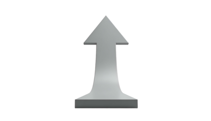 A simple, silver, upward-pointing arrow on a black background. 3D rendering, isolated