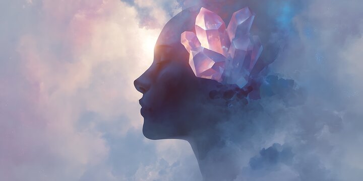 digital painting of human profile with crystal core inside glowing softly, surrounded by misty atmosphere, visual metaphor for inner clarity, 
